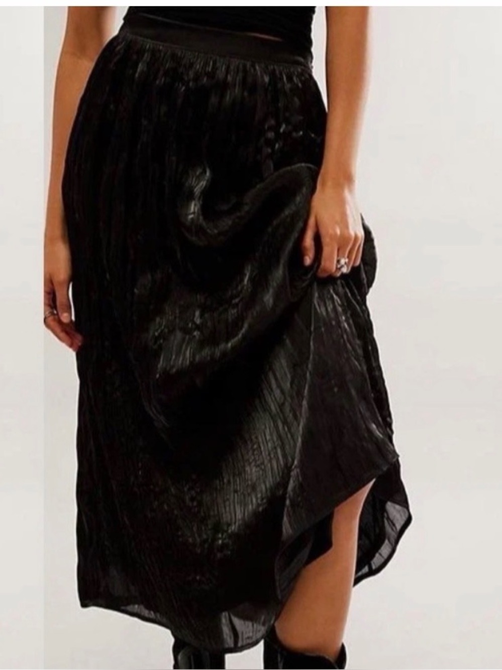 Free People Vera City Black Pleated Crinkle Midi Skirt